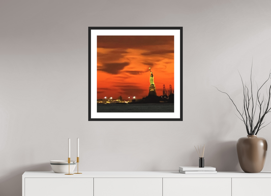 25 x 25″, October 31st Framed Art Print, Statue of Liberty Photo, Red Halloween Sky, October Wall Decor, Bold Jewel Tones, Home Office Decoration, Holiday Gift, Wall Art