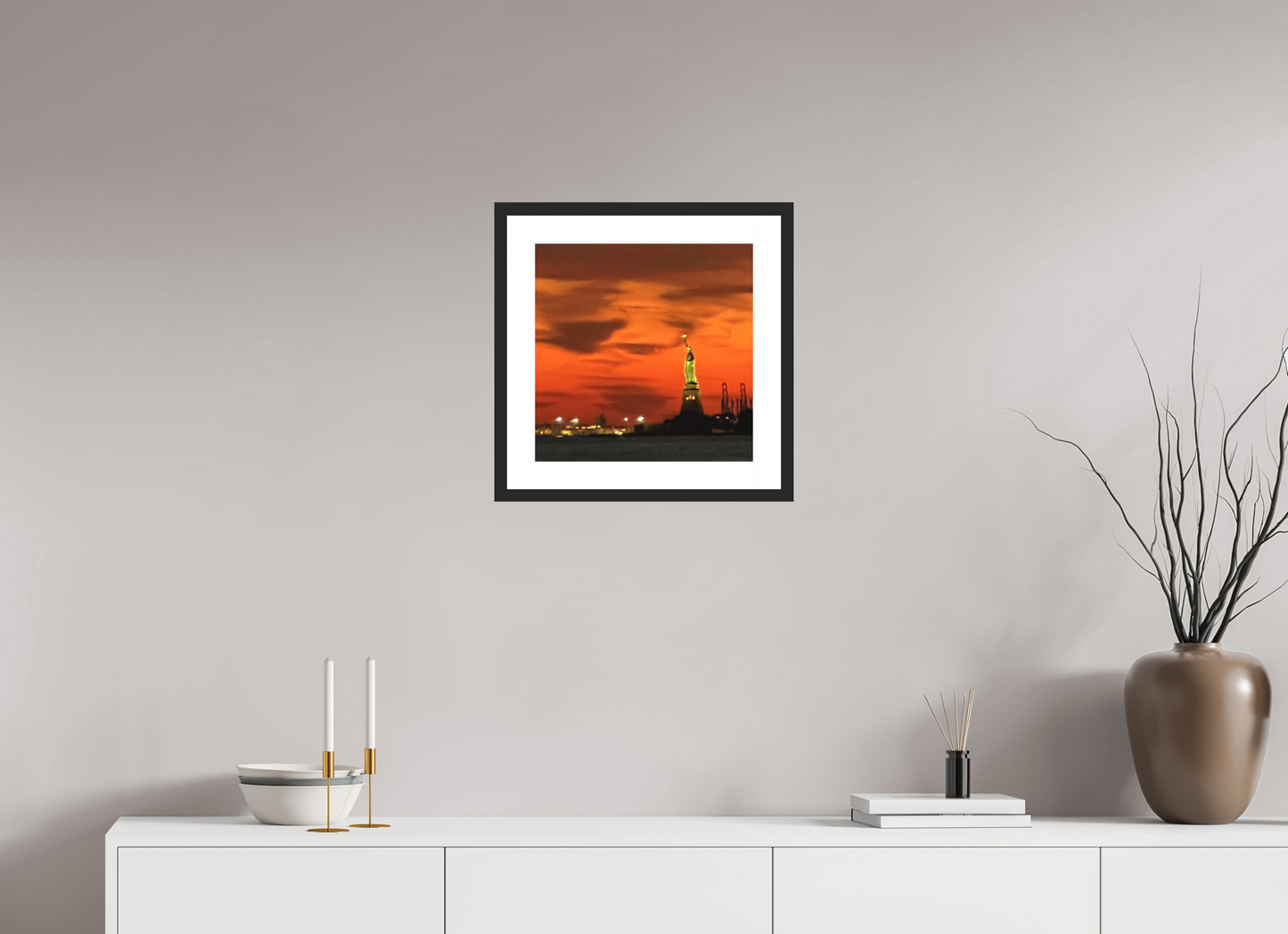 15 x 15″, October 31st Framed Art Print, Statue of Liberty Photo, Red Halloween Sky, October Wall Decor, Bold Jewel Tones, Home Office Decoration, Holiday Gift, Wall Art