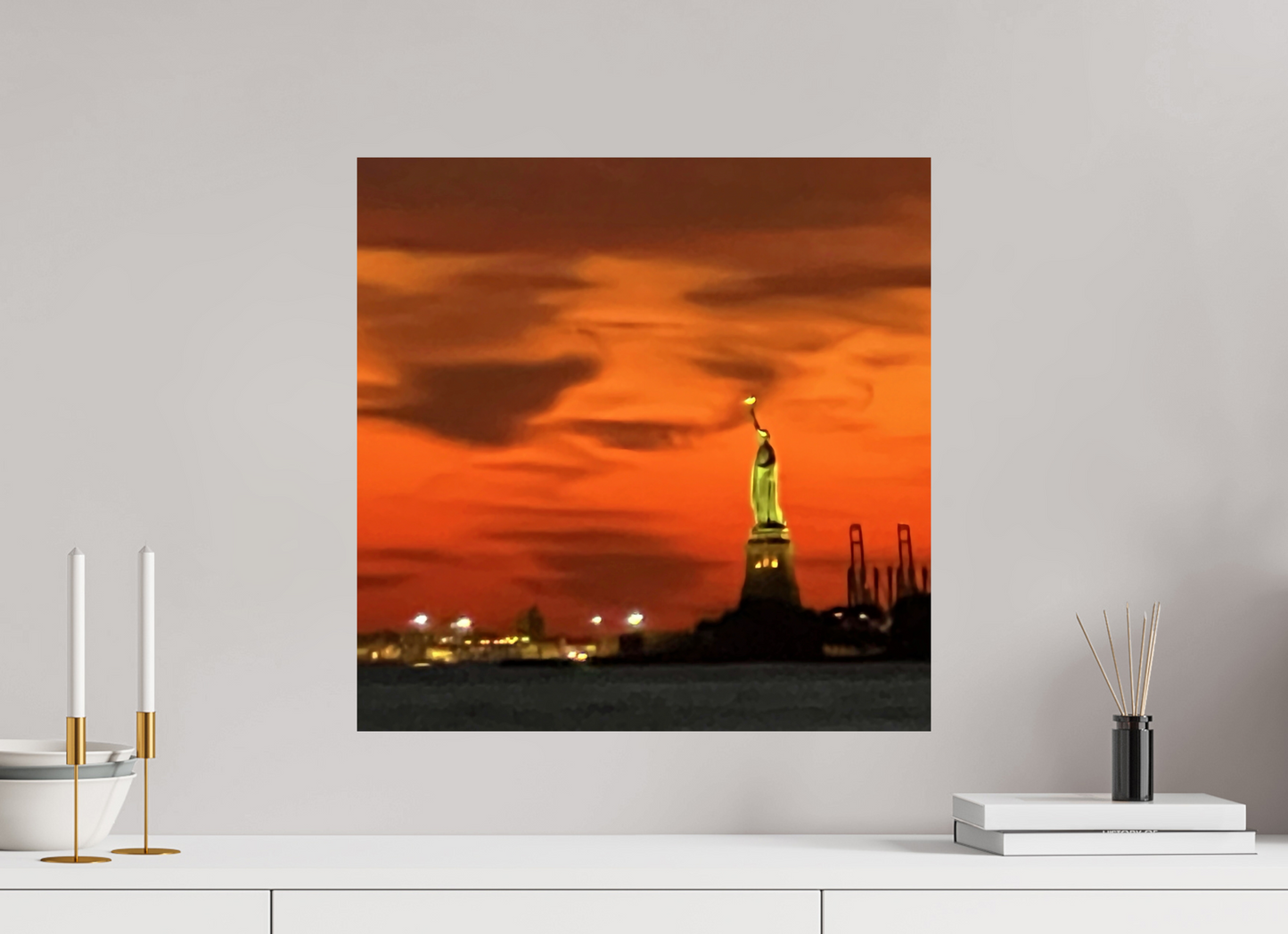 20 x 20″, October 31st Art Print, Statue of Liberty Photo, Red Halloween Sky, October Wall Decor, Bold Jewel Tones, Home Office Decoration, Holiday Gift, Wall Art