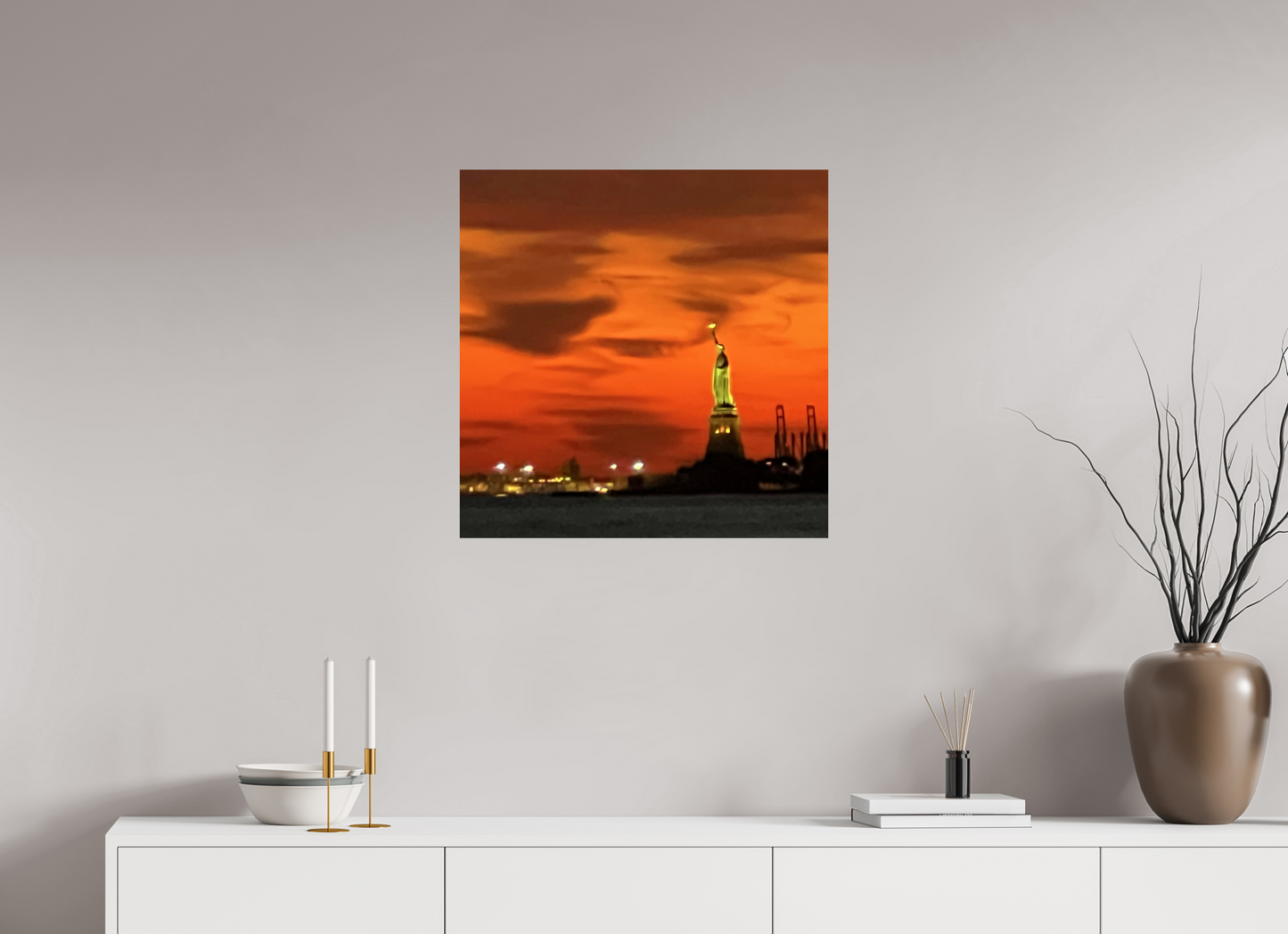 25 x 25″, October 31st Art Print, Statue of Liberty Photo, Red Halloween Sky, October Wall Decor, Bold Jewel Tones, Home Office Decoration, Holiday Gift, Wall Art
