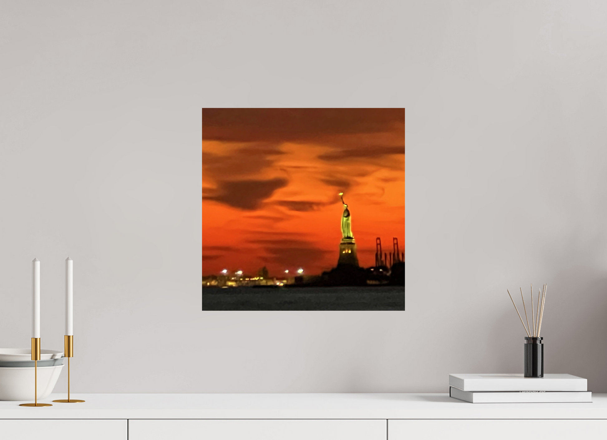 15 x 15″, October 31st Art Print, Statue of Liberty Photo, Red Halloween Sky, October Wall Decor, Bold Jewel Tones, Home Office Decoration, Holiday Gift, Wall Art