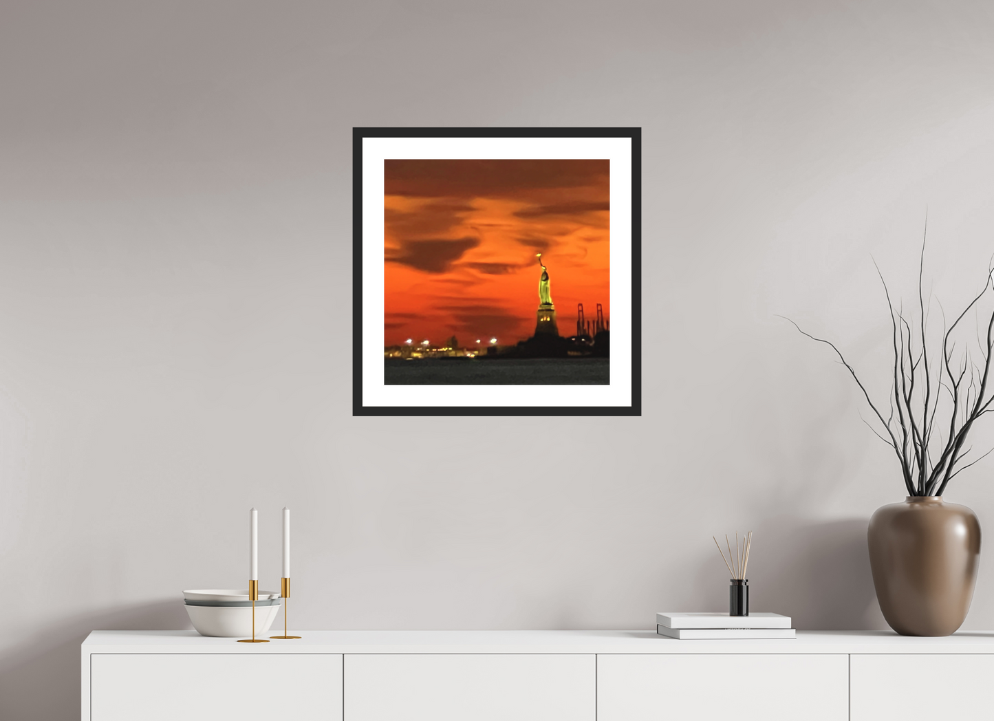 20 x 20″, October 31st Framed Art Print, Statue of Liberty Photo, Red Halloween Sky, October Wall Decor, Bold Jewel Tones, Home Office Decoration, Holiday Gift, Wall Art